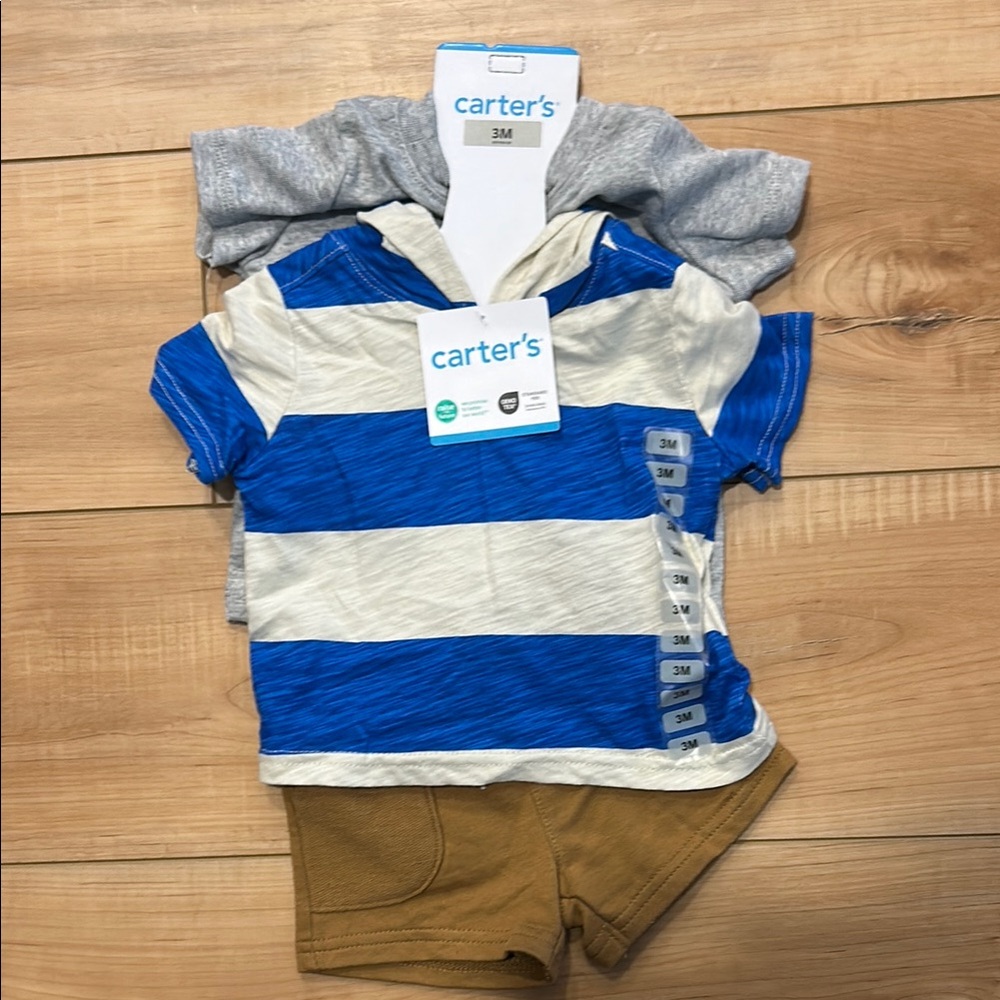 Carter's Blue and White Striped Baby Outfit with Tan Shorts